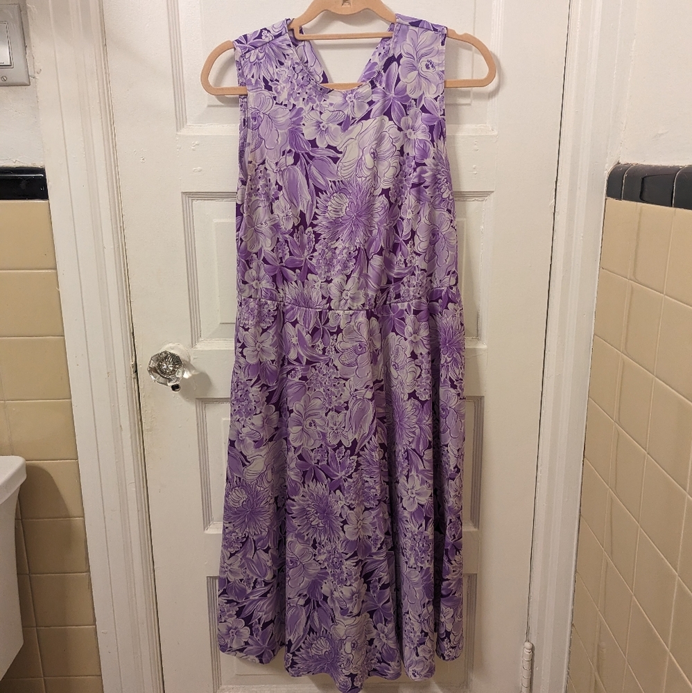 Vintage Purple Floral Midi Dress - XL